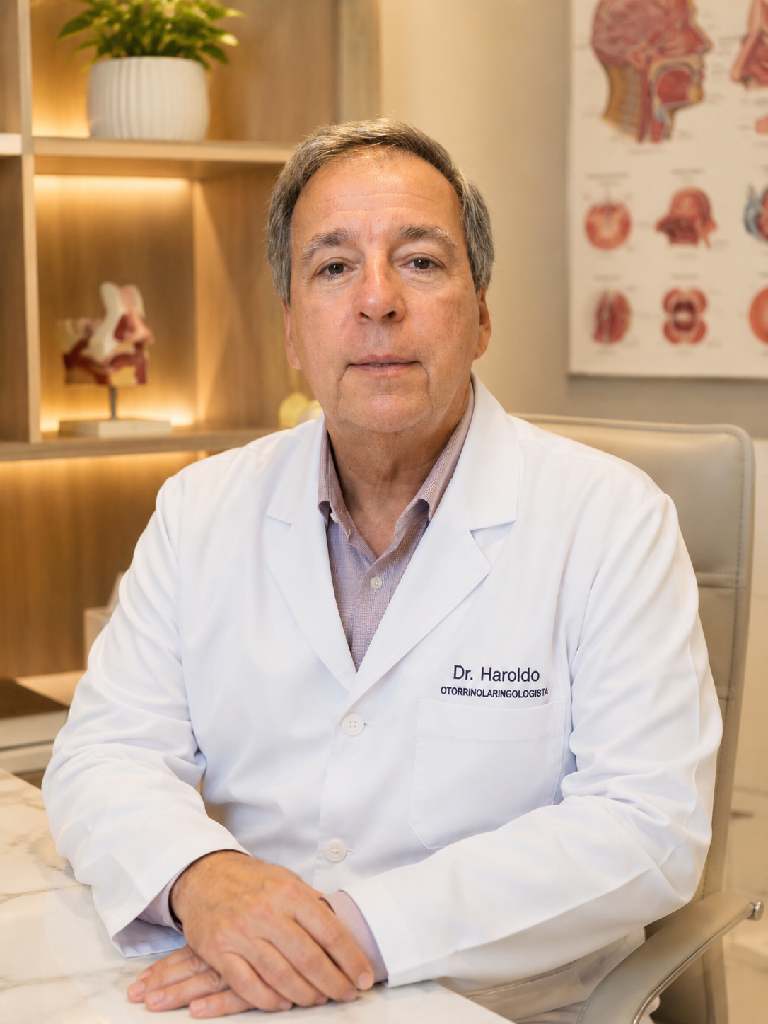 Retrato do Dr. Haroldo Bezerra, otorrinolaringologista, em seu consultório